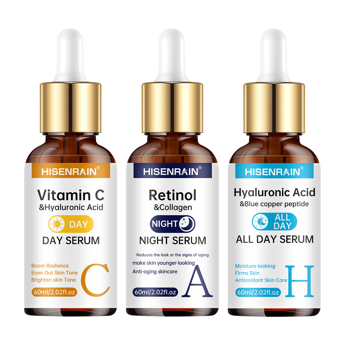HISENRAIN 3-Piece Facial Serum Set – Vitamin C Day, Hyaluronic Acid All Day & Retinol Night Serum Trio