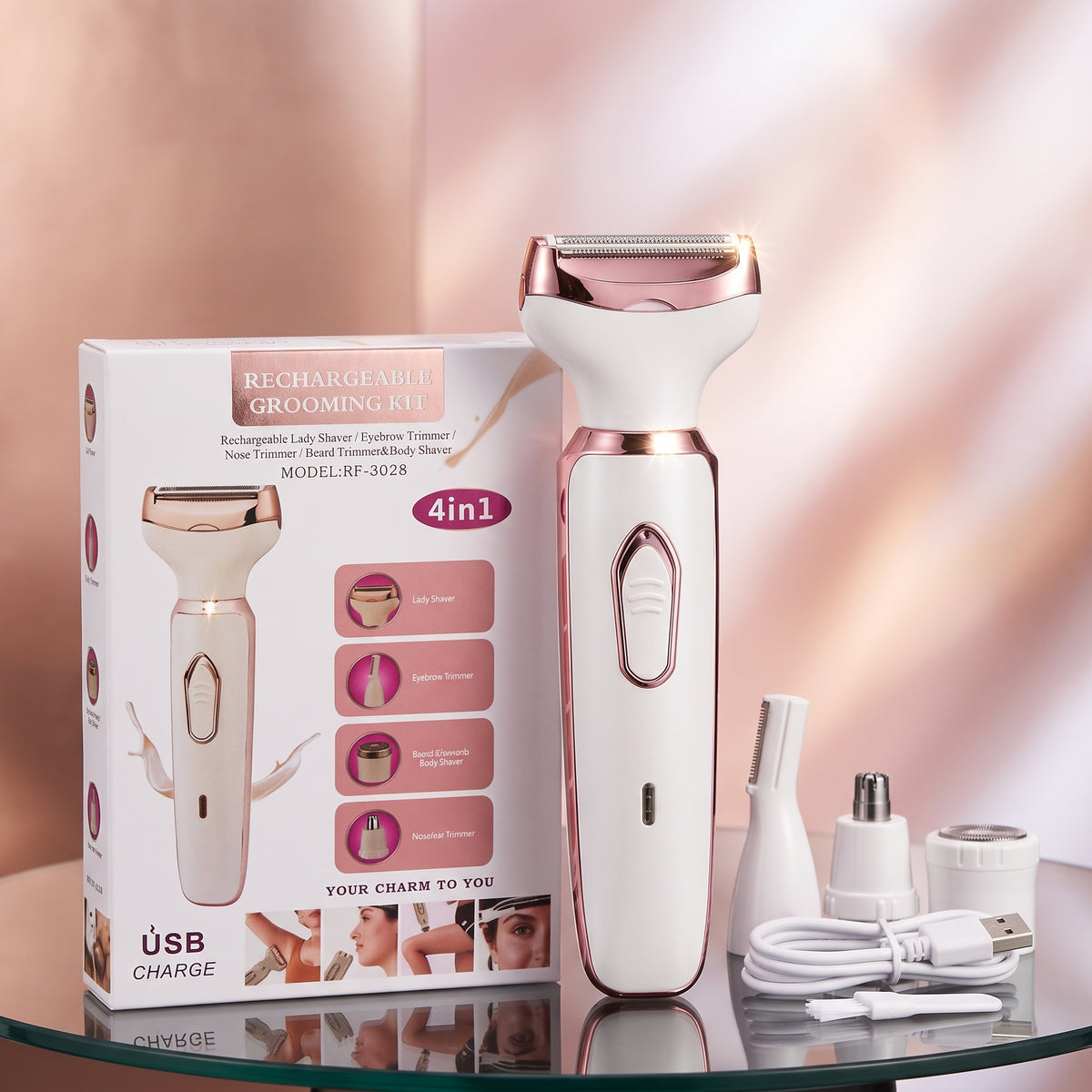 4-in-1 Rechargeable Women’s Grooming Kit – Painless Electric Body Shaver, Eyebrow & Nose Hair Trimmer