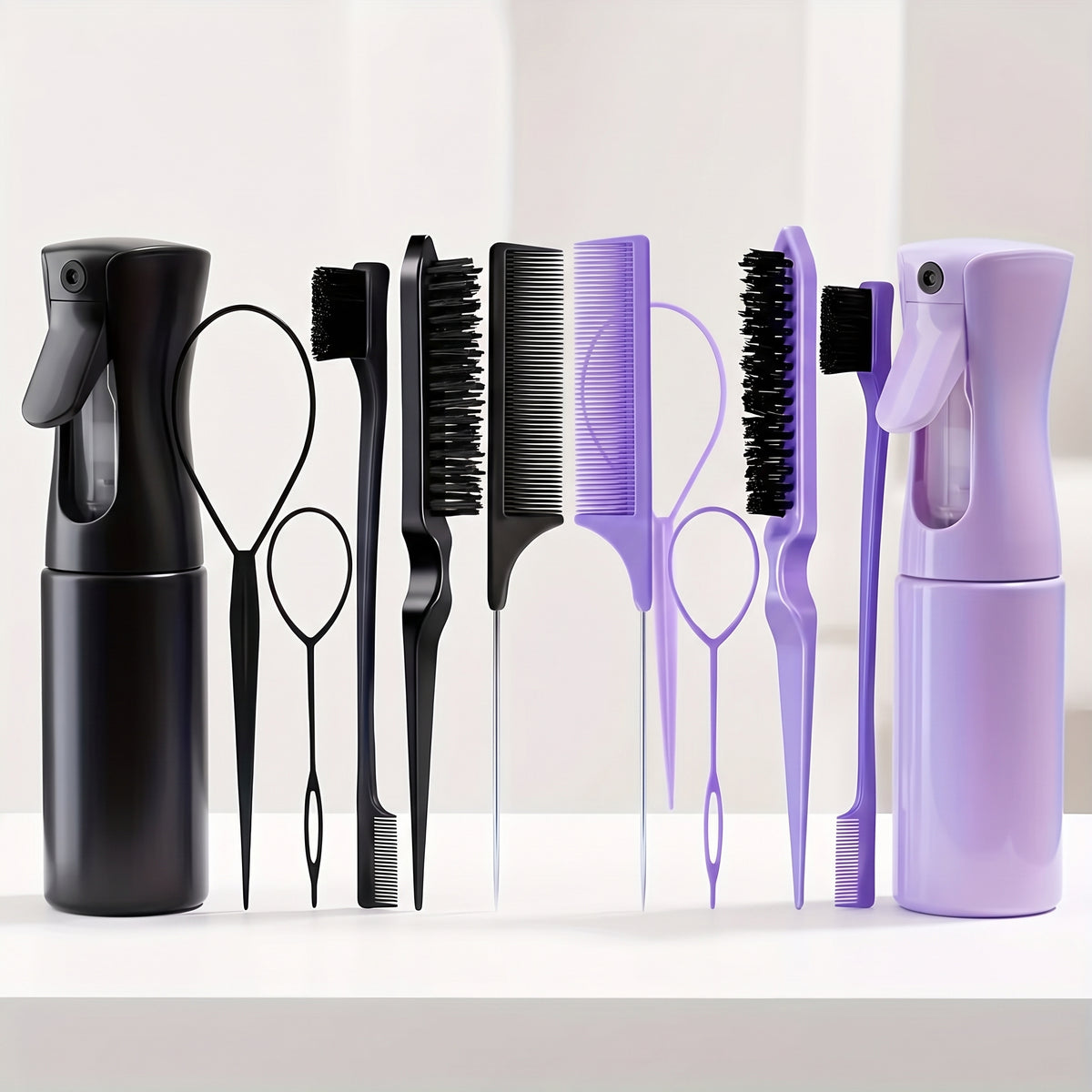 6-In-1 Hair Styling & Braiding Tool Kit with Continuous Water Spray Bottle, Rat Tail Comb & Edge Brush