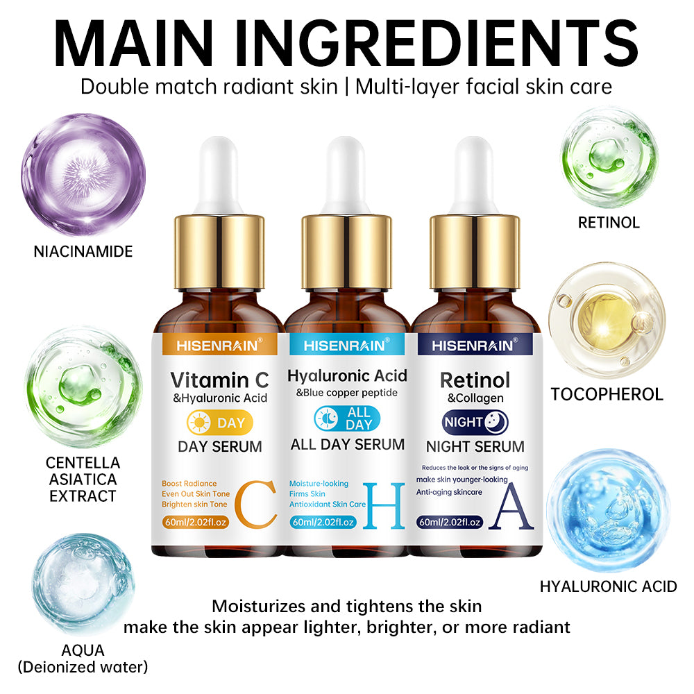 HISENRAIN 3-Piece Facial Serum Set – Vitamin C Day, Hyaluronic Acid All Day & Retinol Night Serum Trio