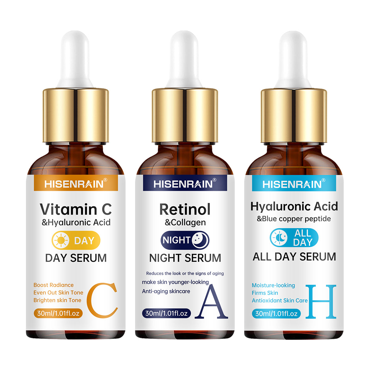 HISENRAIN 3-Piece Facial Serum Set – Vitamin C Day, Hyaluronic Acid All Day & Retinol Night Serum Trio