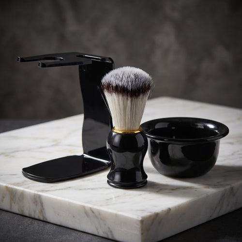 3-Piece Men's Wet Shaving Grooming Set – Razor Brush Holder Stand, Foam Brush & Bowl