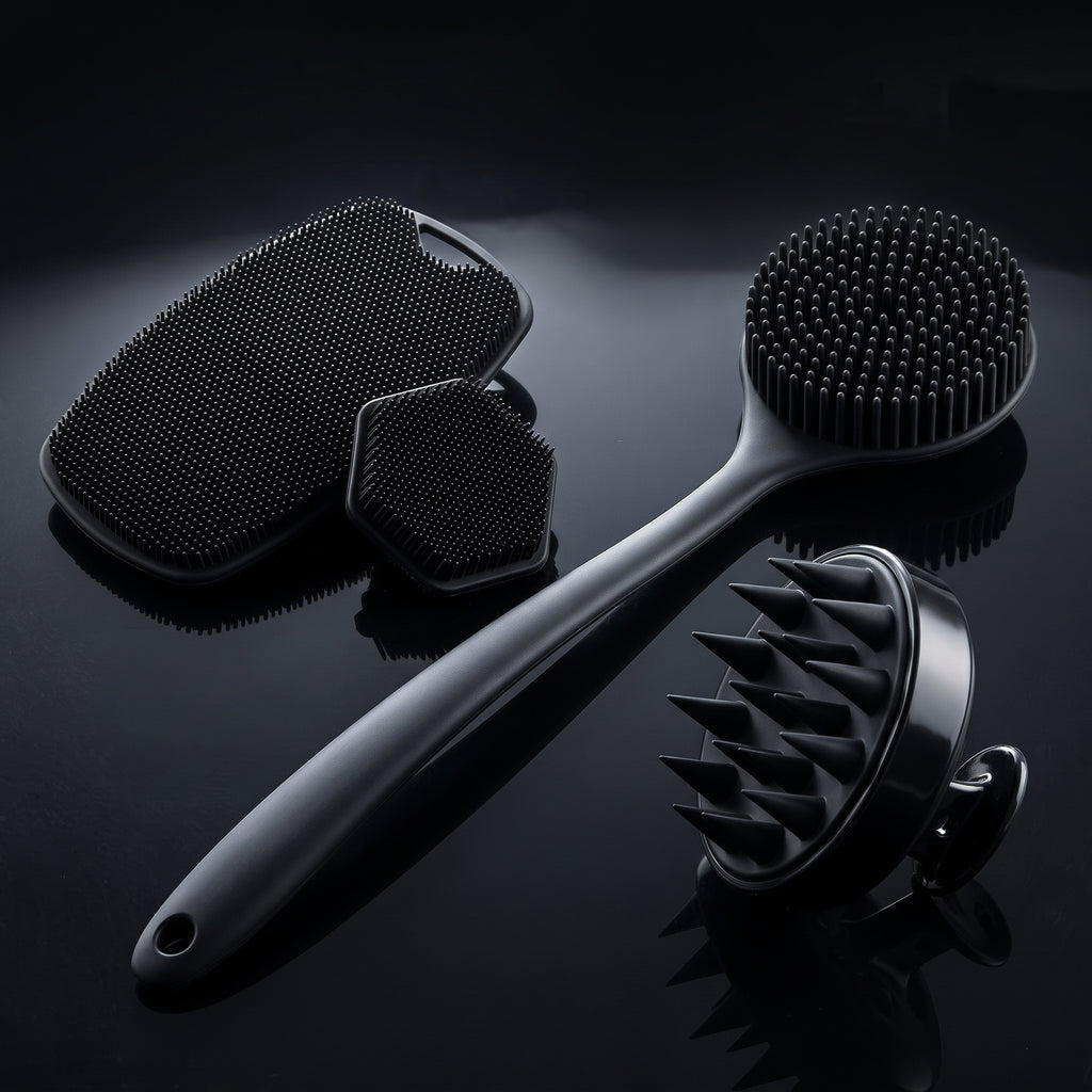 4-in-1 Silicone Bath Grooming Set with Long Handle Back Scrubber, Scalp Massager & Facial Pads