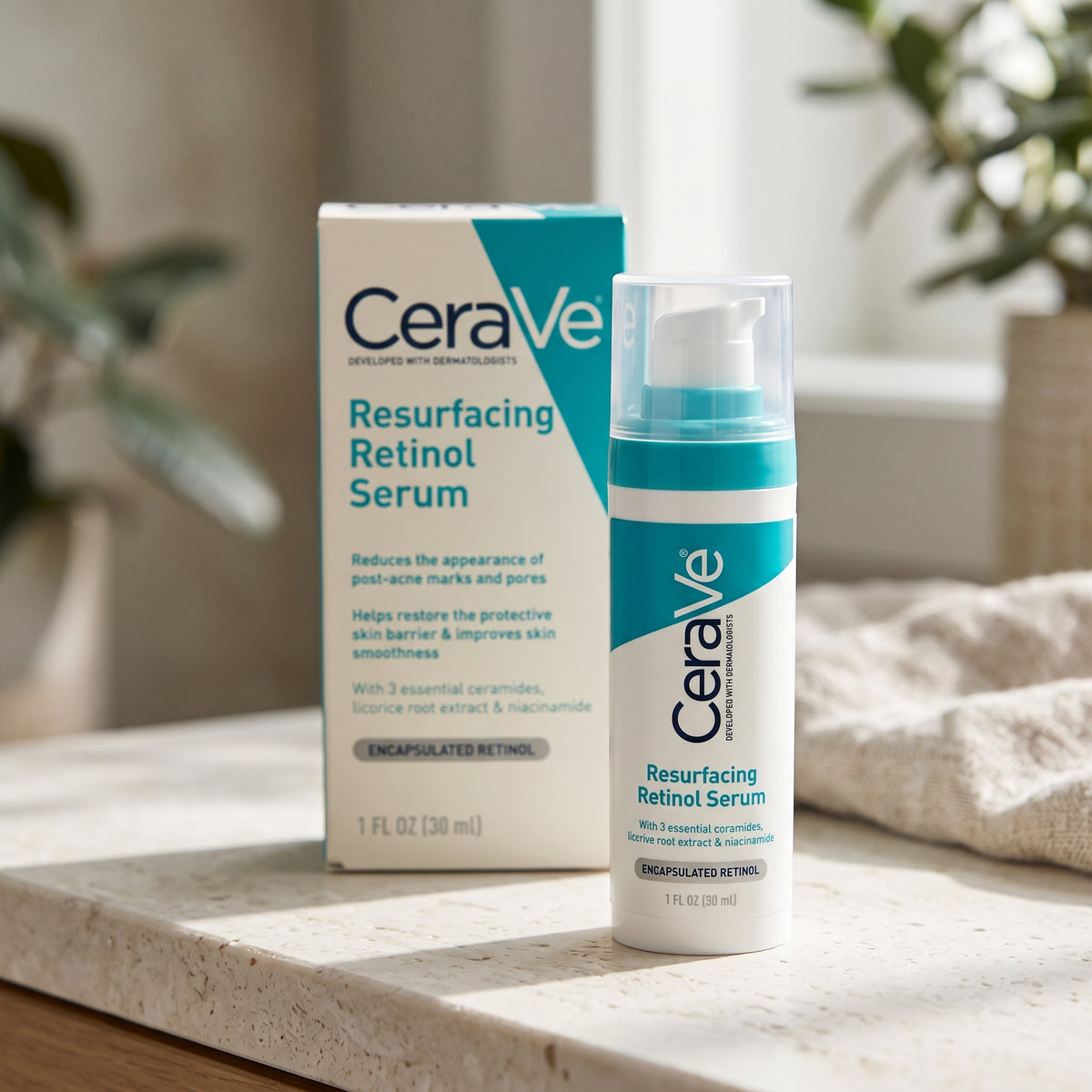 CeraVe Resurfacing Retinol Serum (30ml) – Reduces Post-Acne Marks, Pores & Restores Skin Barrier