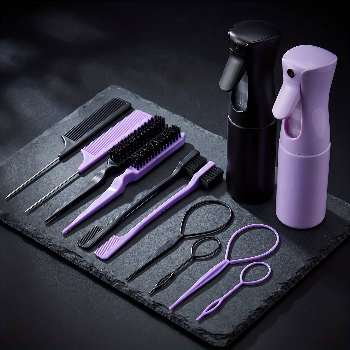 6-In-1 Hair Styling & Braiding Tool Kit with Continuous Water Spray Bottle, Rat Tail Comb & Edge Brush