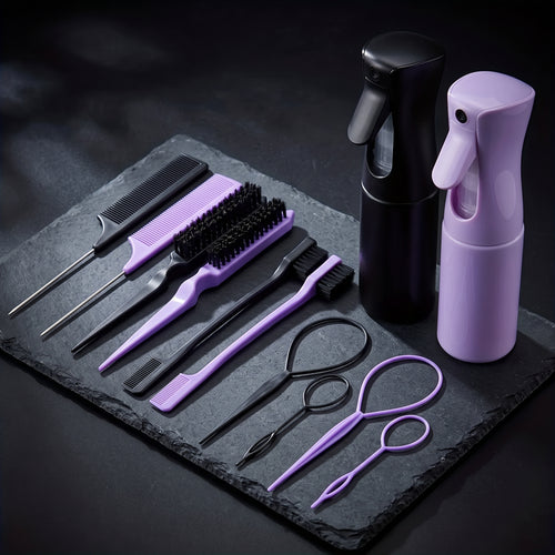 6-In-1 Hair Styling & Braiding Tool Kit with Continuous Water Spray Bottle, Rat Tail Comb & Edge Brush