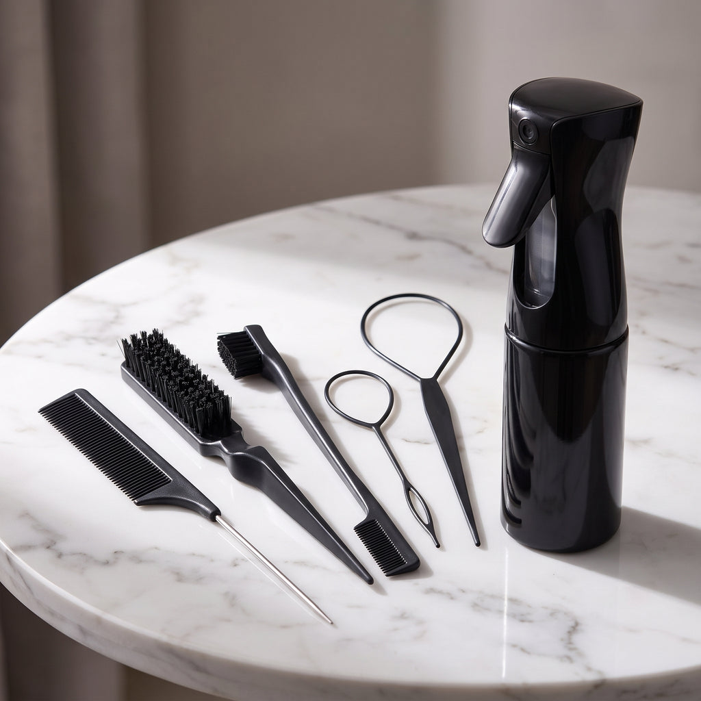 6-In-1 Hair Styling & Braiding Tool Kit with Continuous Water Spray Bottle, Rat Tail Comb & Edge Brush