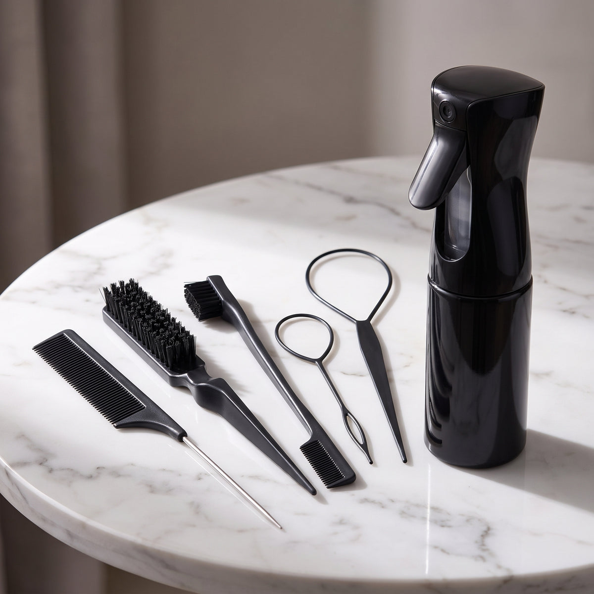 6-In-1 Hair Styling & Braiding Tool Kit with Continuous Water Spray Bottle, Rat Tail Comb & Edge Brush