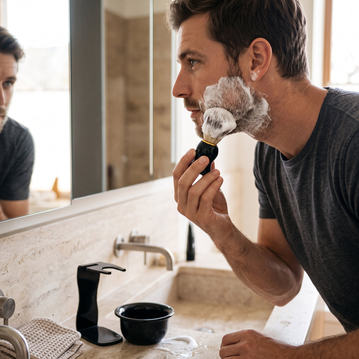 3-Piece Men's Wet Shaving Grooming Set – Razor Brush Holder Stand, Foam Brush & Bowl