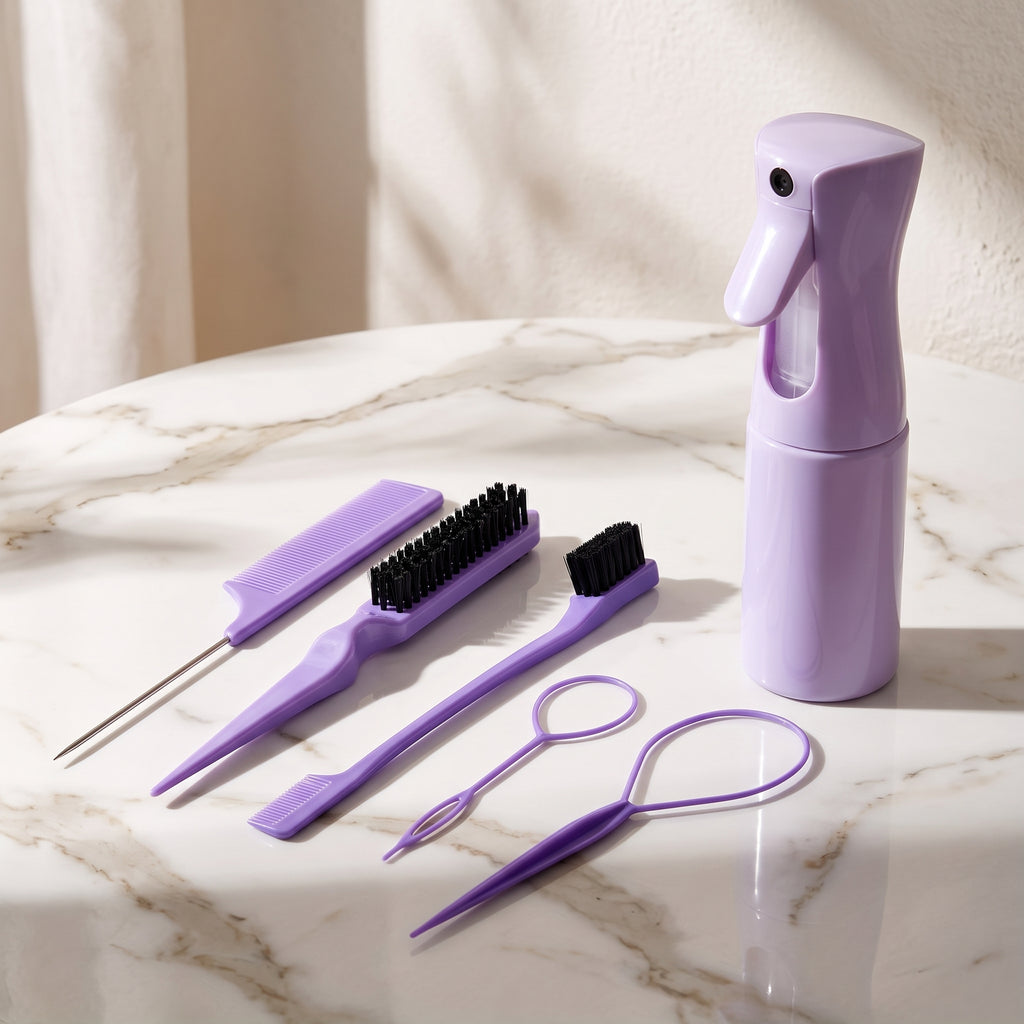 6-In-1 Hair Styling & Braiding Tool Kit with Continuous Water Spray Bottle, Rat Tail Comb & Edge Brush