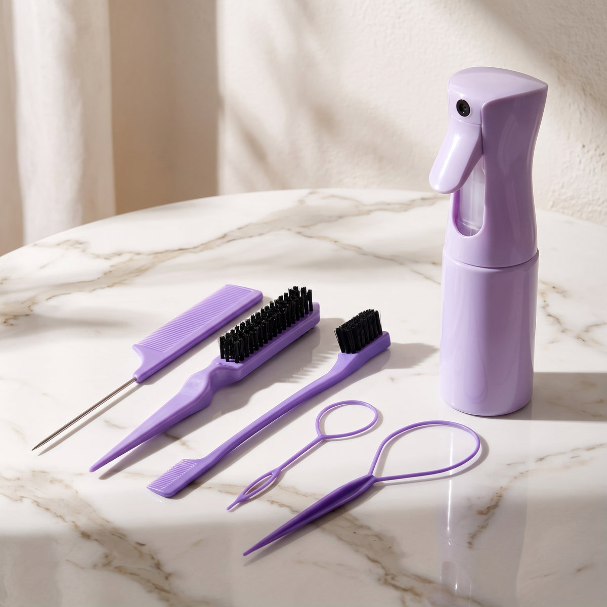 6-In-1 Hair Styling & Braiding Tool Kit with Continuous Water Spray Bottle, Rat Tail Comb & Edge Brush