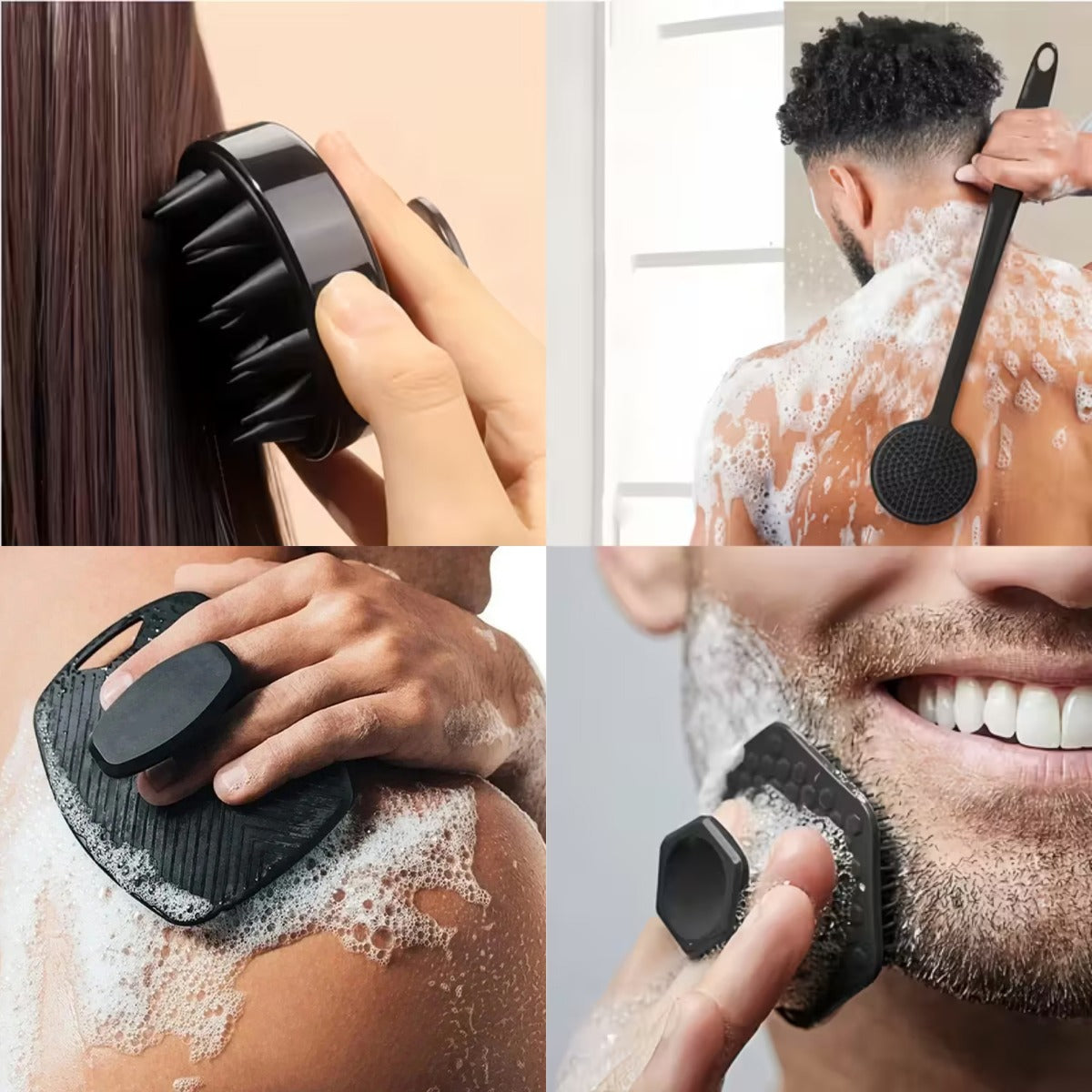 4-in-1 Silicone Bath Grooming Set with Long Handle Back Scrubber, Scalp Massager & Facial Pads