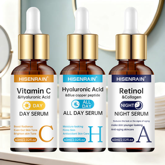 HISENRAIN 3-Piece Facial Serum Set – Vitamin C Day, Hyaluronic Acid All Day & Retinol Night Serum Trio