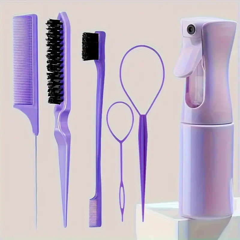 6-In-1 Hair Styling & Braiding Tool Kit with Continuous Water Spray Bottle, Rat Tail Comb & Edge Brush