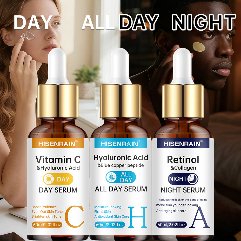 HISENRAIN 3-Piece Facial Serum Set – Vitamin C Day, Hyaluronic Acid All Day & Retinol Night Serum Trio