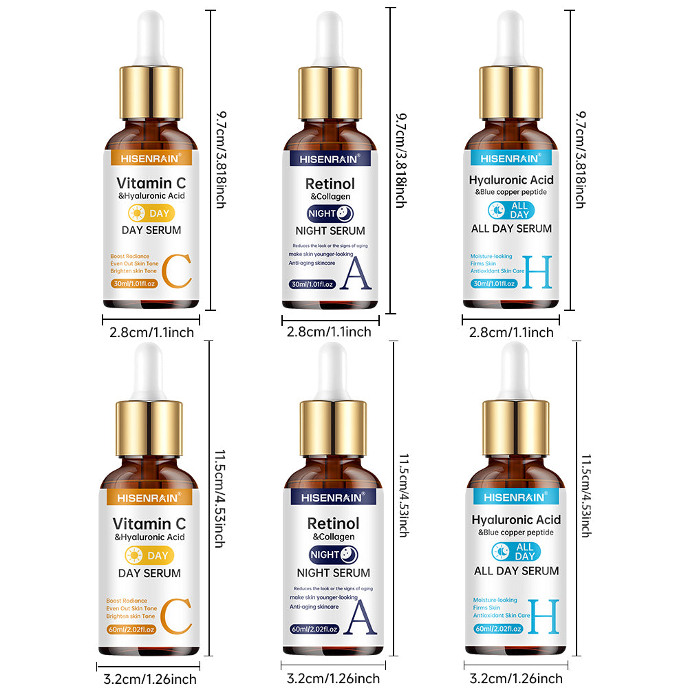 HISENRAIN 3-Piece Facial Serum Set – Vitamin C Day, Hyaluronic Acid All Day & Retinol Night Serum Trio