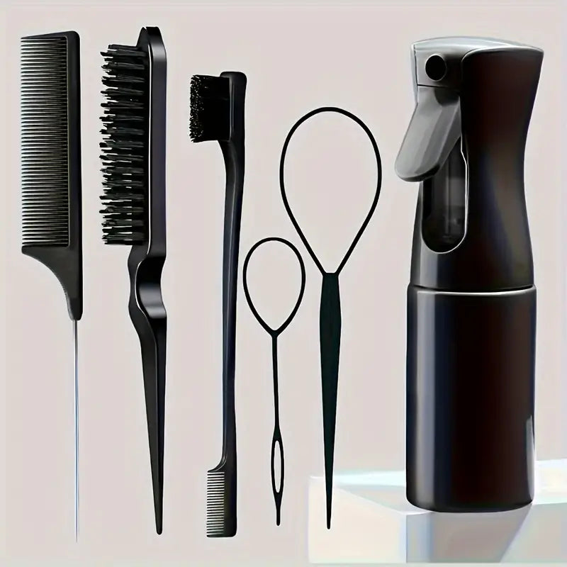 6-In-1 Hair Styling & Braiding Tool Kit with Continuous Water Spray Bottle, Rat Tail Comb & Edge Brush