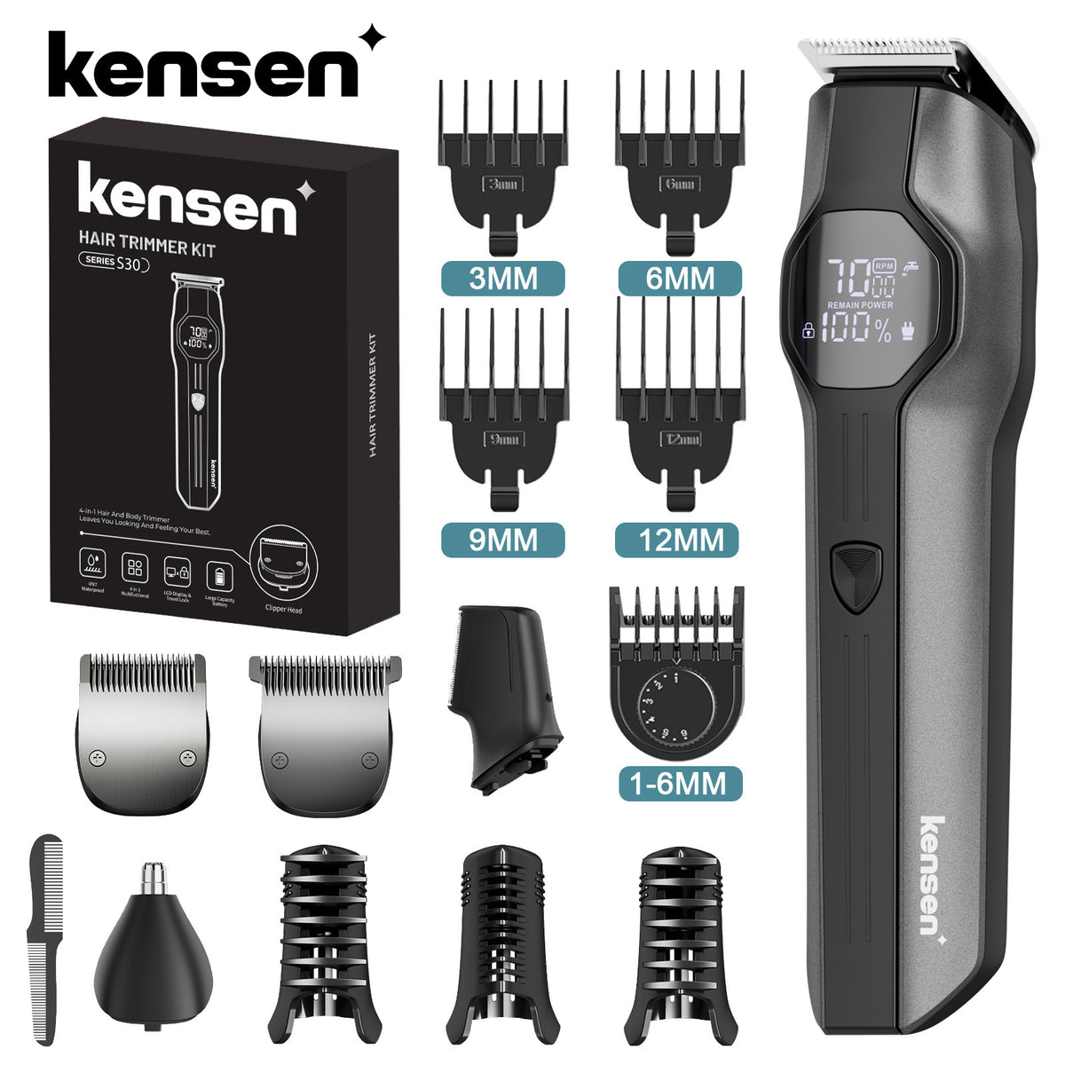 Kensen Professional Hair Clipper & Body Groomer Kit (Series S30) – IPX7 Waterproof Trimmer Set