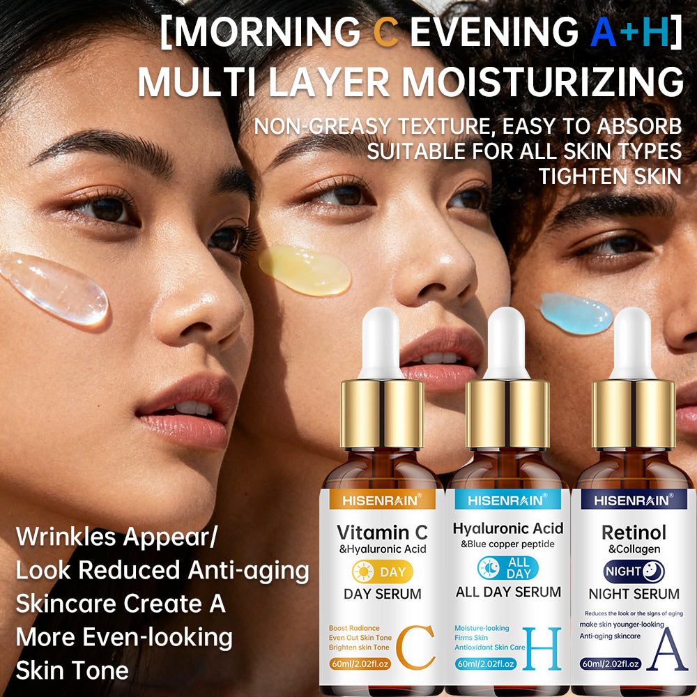 HISENRAIN 3-Piece Facial Serum Set – Vitamin C Day, Hyaluronic Acid All Day & Retinol Night Serum Trio