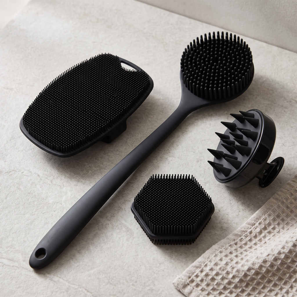 4-in-1 Silicone Bath Grooming Set with Long Handle Back Scrubber, Scalp Massager & Facial Pads