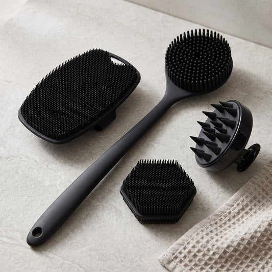 4-in-1 Silicone Bath Grooming Set with Long Handle Back Scrubber, Scalp Massager & Facial Pads