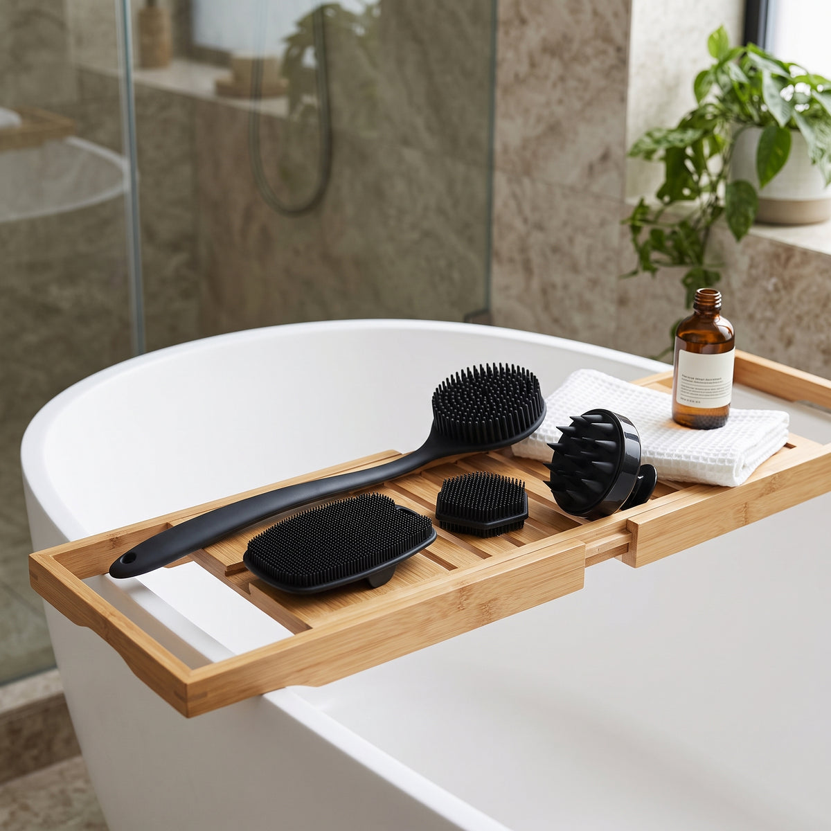4-in-1 Silicone Bath Grooming Set with Long Handle Back Scrubber, Scalp Massager & Facial Pads